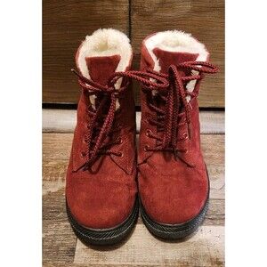 Ladies Size 7.5 SQL Maroon Lace Up Ankle Boots, Faux Fur Lined, Faux Suede